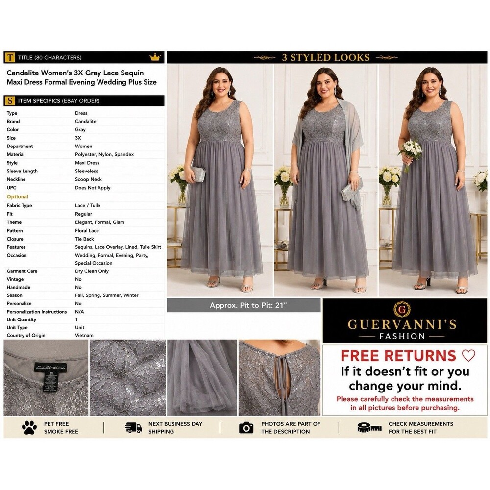 Candalite Women’s Gray  Lace Sequin Long Formal Dress Size 3X Maxi Evening Plus